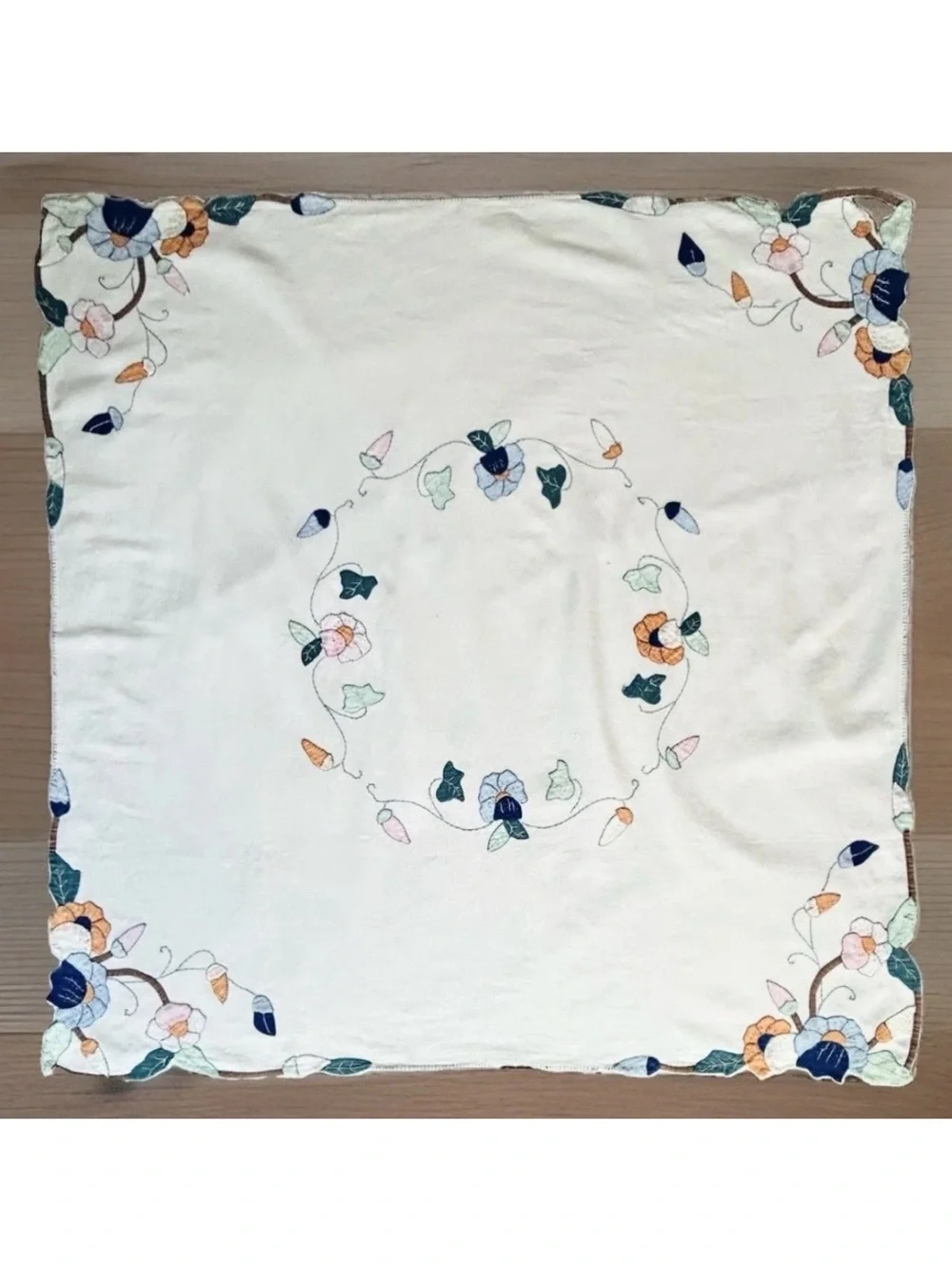 Vintage Tablecloth Hand Embroidery Applique Flowers-Garden Party-Home Decor